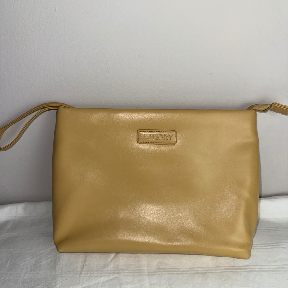 Outspry Top Handle Bag Tan Gold Accents Structured Stylish‎ Envelope Handbag